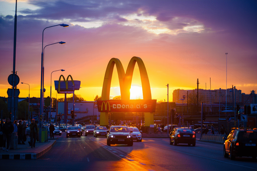 Golden arches of McDonald’s glowing at sunset in an urban skyline
