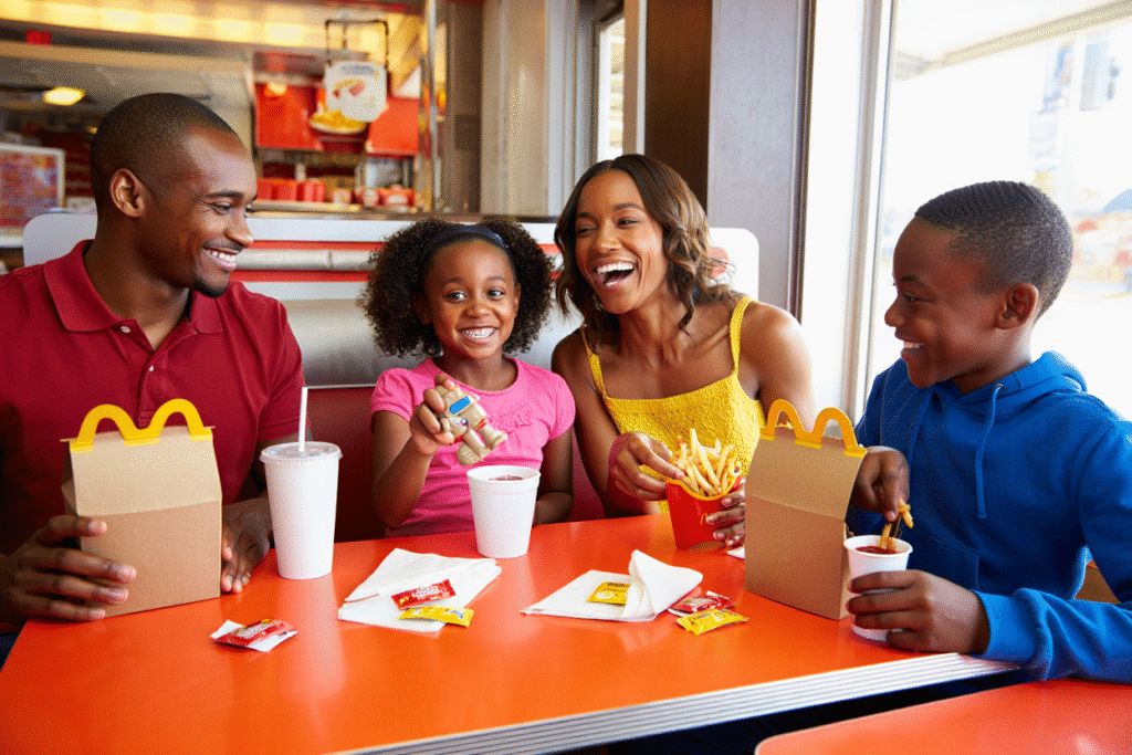 Family smiling while sharing Happy Meals and fries at McDonald’s