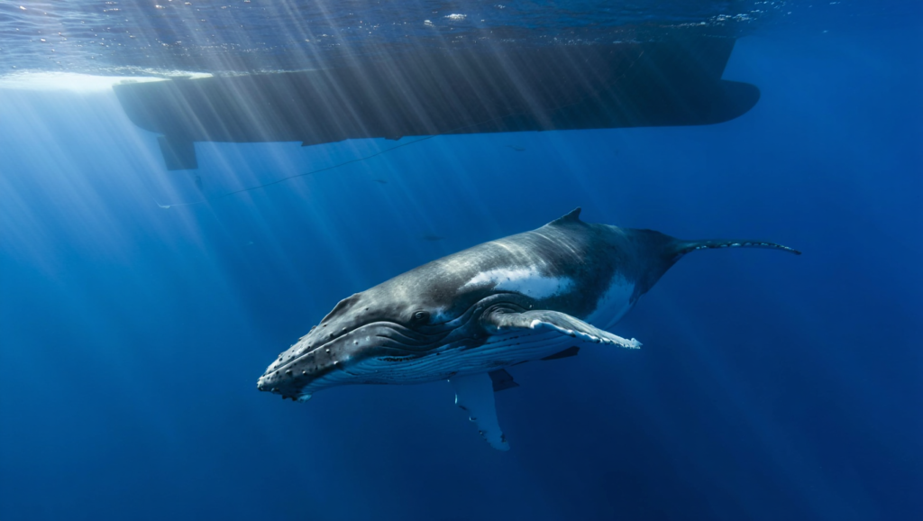 whale swimming under a ship