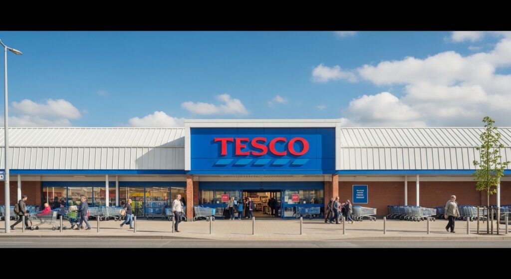 Tesco facts featuring modern UK supermarket exterior