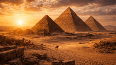 ancient Egypt facts pyramids of Giza at sunset