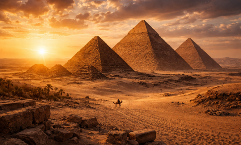 ancient Egypt facts pyramids of Giza at sunset