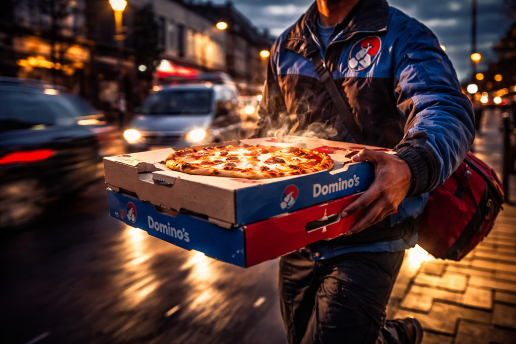 Domino’s Pizza facts delivery driver with pizza box