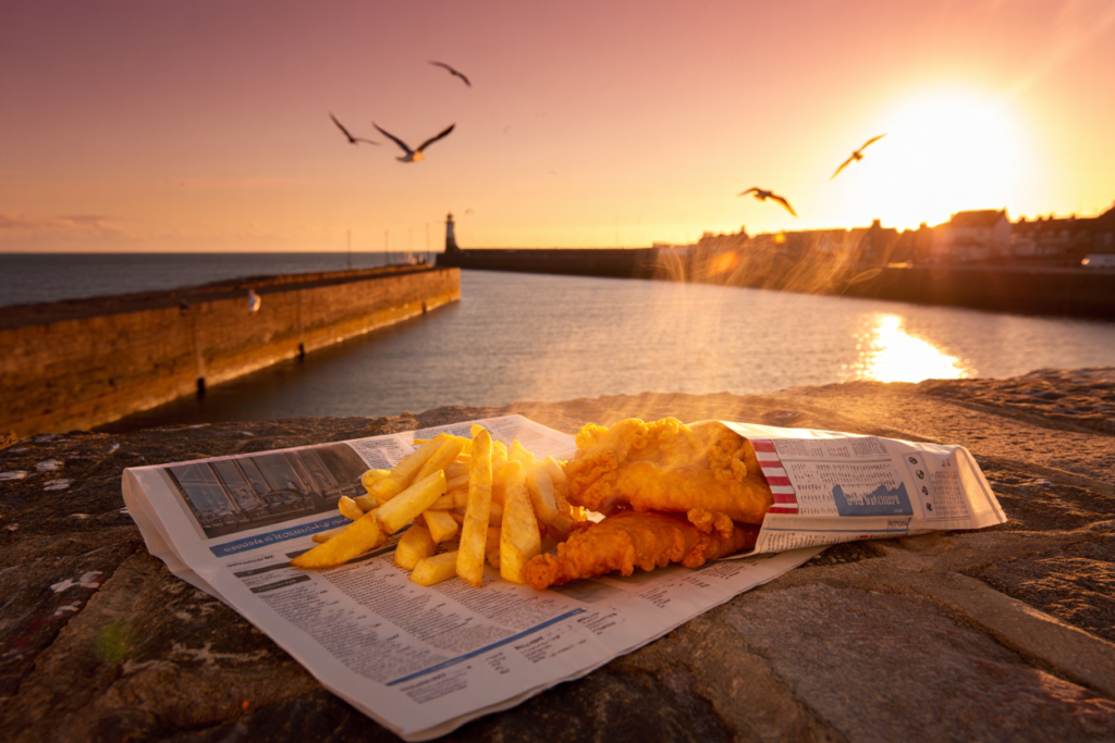 Traditional fish and chips served in newspaper style wrapping