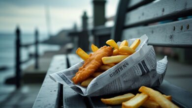 Traditional fish and chips served in newspaper style wrapping