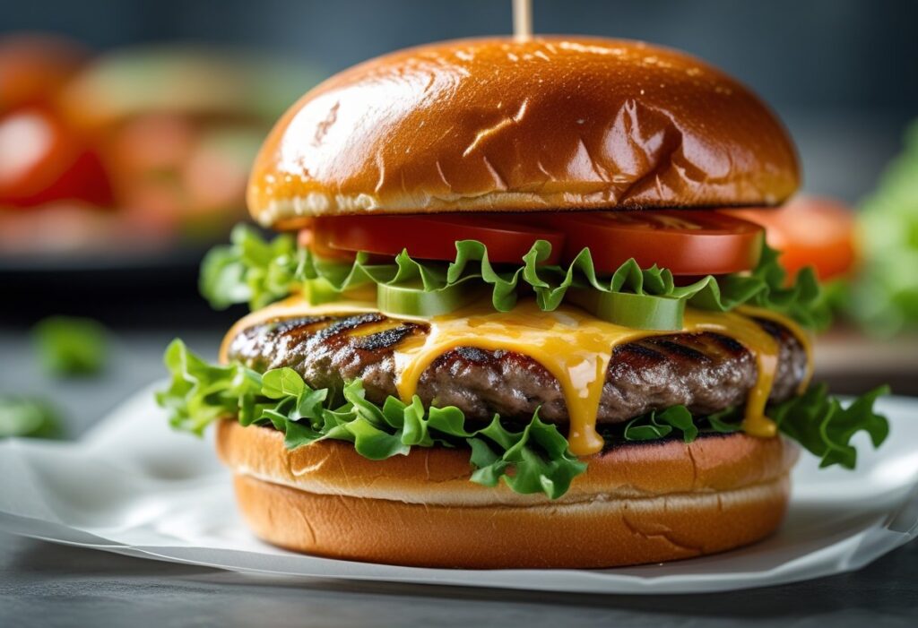 Five Guys facts burger with toppings close up