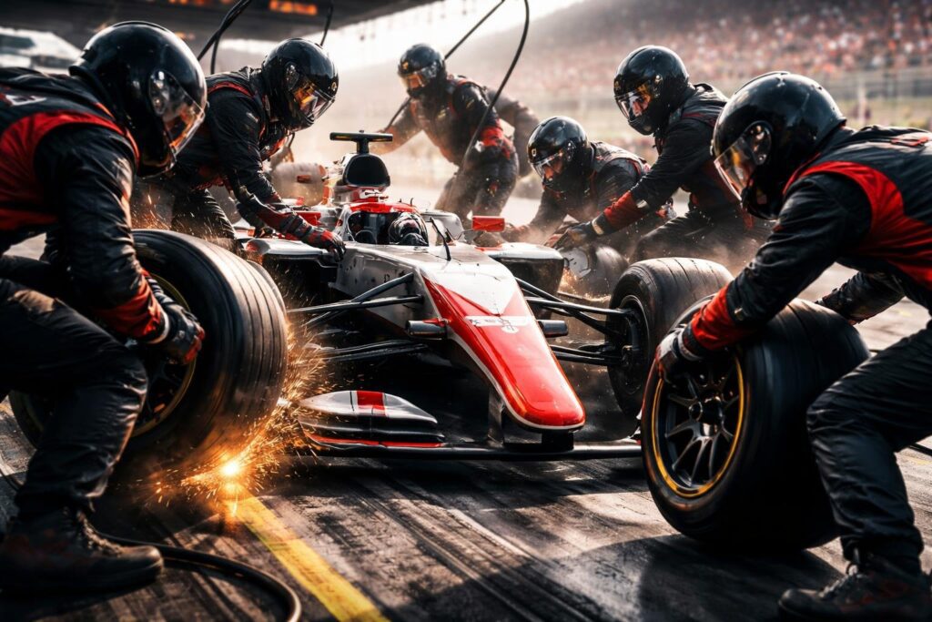 formula one facts pit crew performing fast tyre change