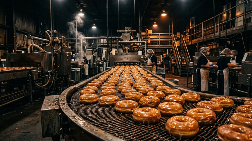 Krispy Kreme facts doughnuts being made on production line