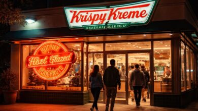 Krispy Kreme facts hot now sign glowing outside store