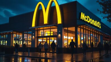 McDonald’s facts restaurant exterior golden arches at night