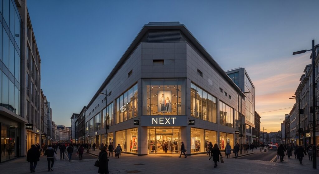 NEXT facts featuring modern UK fashion store exterior