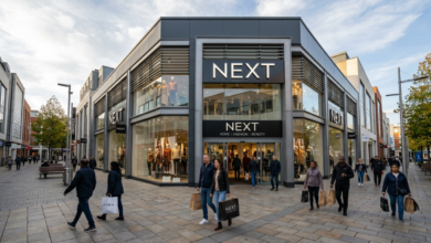 NEXT facts featuring modern UK fashion store exterior