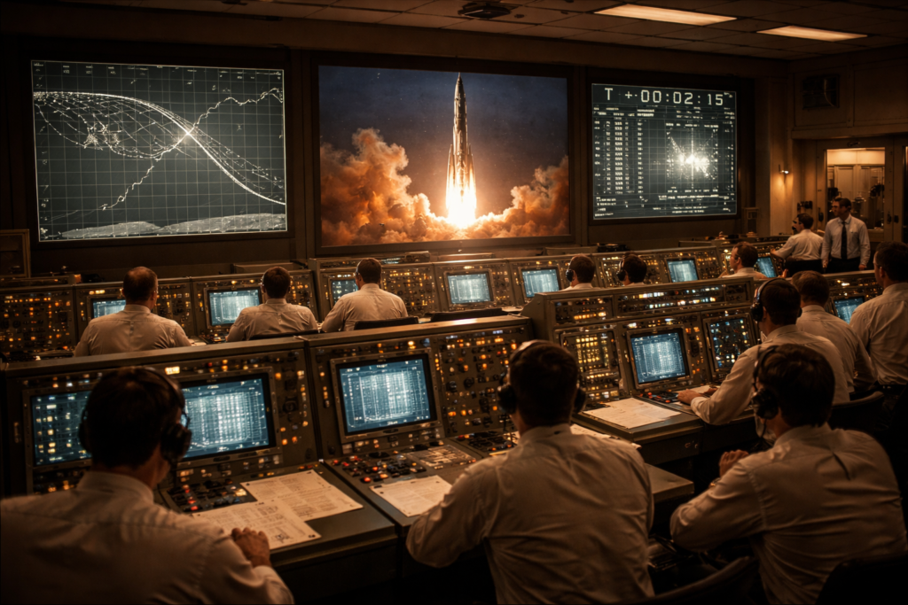 space race facts Cold War mission control room tense atmosphere