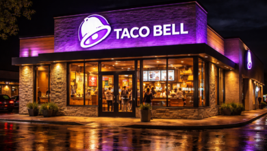 Taco Bell facts restaurant exterior at night