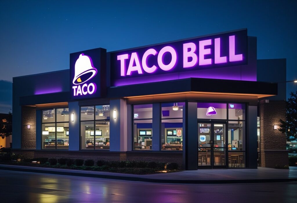 Taco Bell facts restaurant exterior at night
