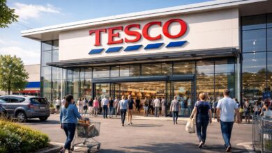 Tesco facts featuring modern UK supermarket exterior