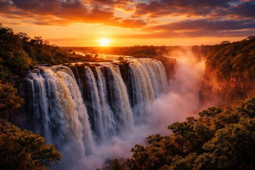 Victoria Falls facts sunset over the waterfall