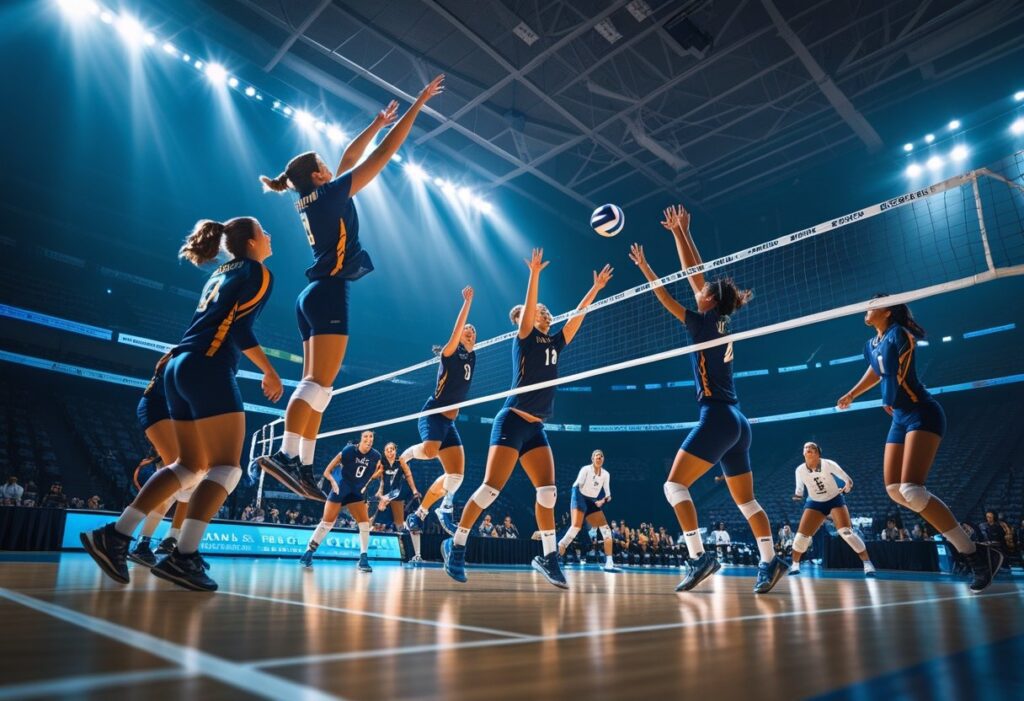 volleyball facts players jumping for spike in match