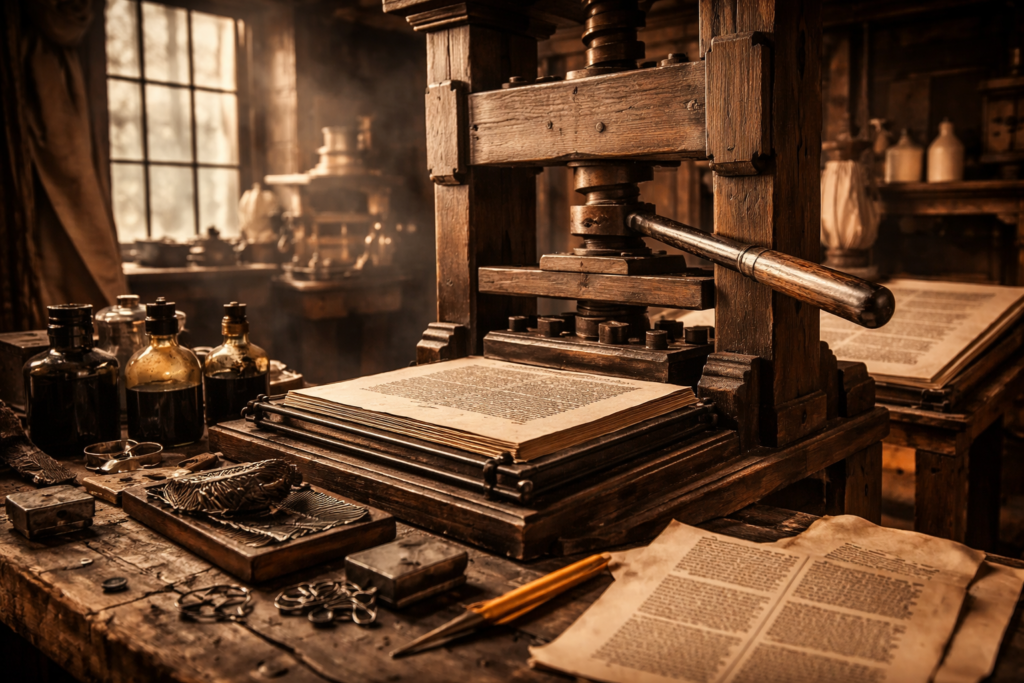 writing facts Gutenberg printing press historical scene