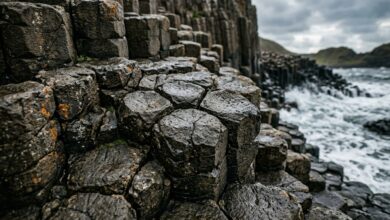 Giant’s Causeway facts close-up of hexagonal basalt structure