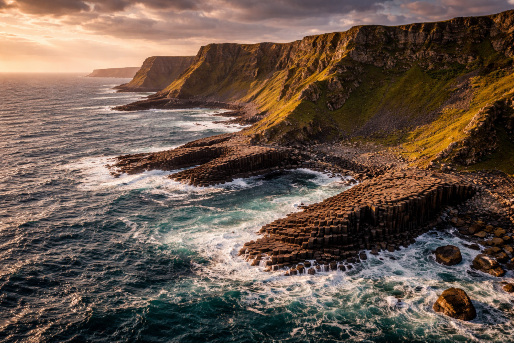 Giant’s Causeway facts aerial view of coastline and rock formations