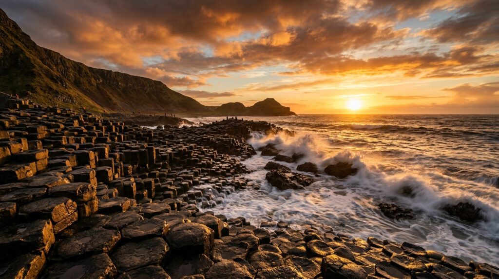 Giant’s Causeway facts sunset over stone columns and ocean