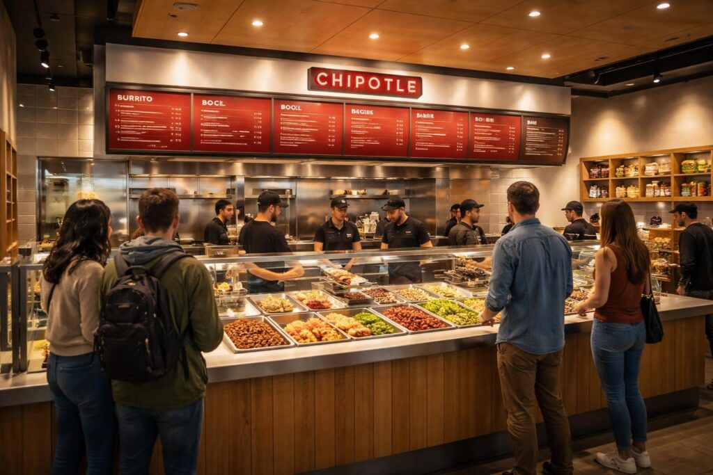 Chipotle Mexican Grill facts restaurant interior with fresh food counter