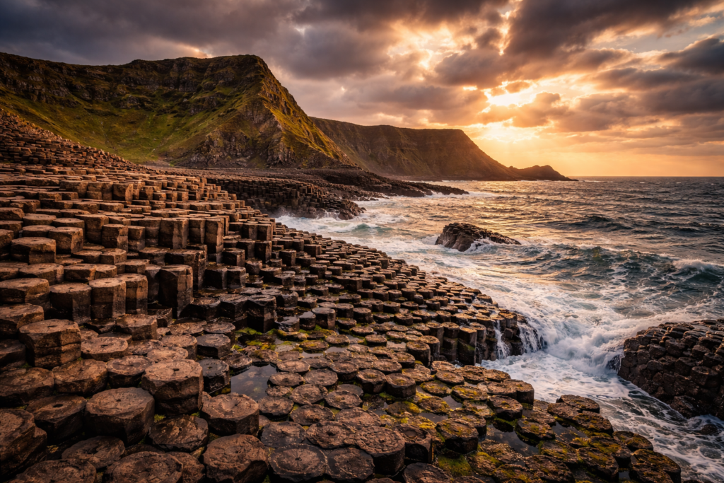 Giant’s Causeway facts showing hexagonal basalt columns coastline
