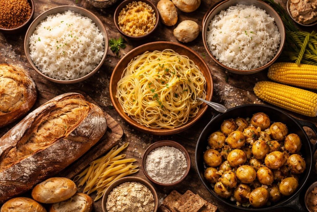 high carbohydrates foods facts showing rice bread pasta and potatoes