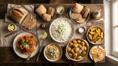 high carbohydrates foods facts showing rice bread pasta and potatoes