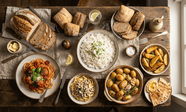 high carbohydrates foods facts showing rice bread pasta and potatoes