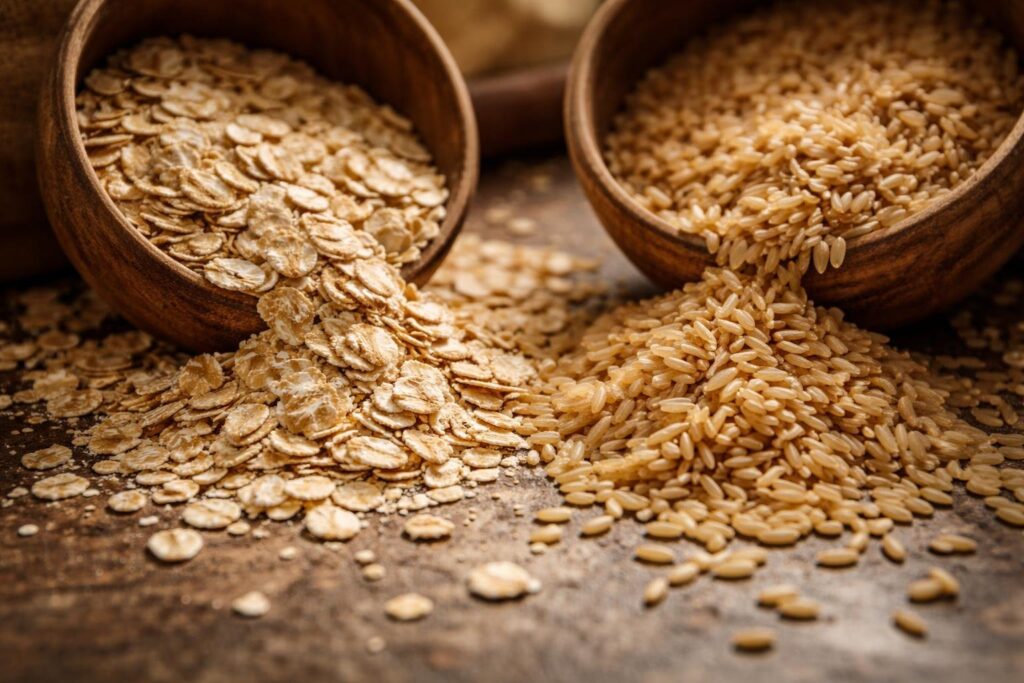 high carbohydrates foods facts whole grains oats and brown rice close up