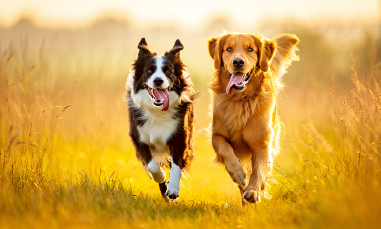dog facts happy dogs running together through grassy field