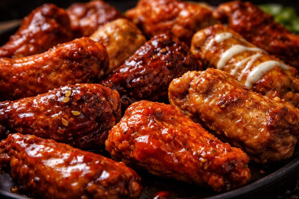 shot of buffalo chicken wings covered in different sauces, Buffalo Wild Wings Facts