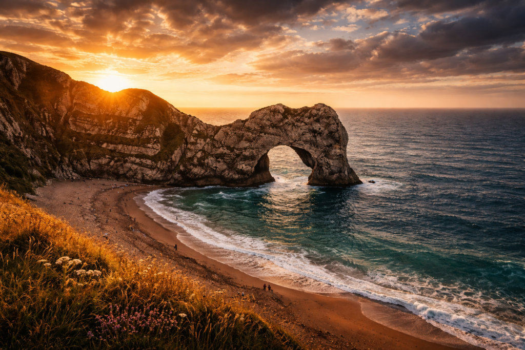 Durdle Door Dorset facts showing limestone arch over sea