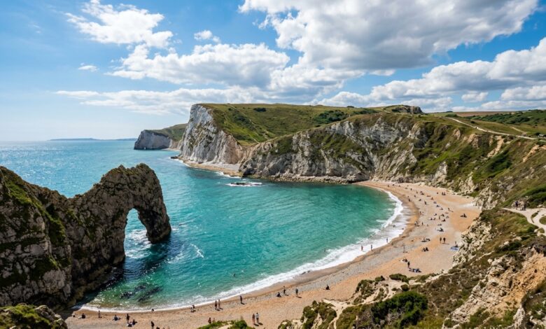 Durdle Door Dorset facts beach with cliffs and turquoise water