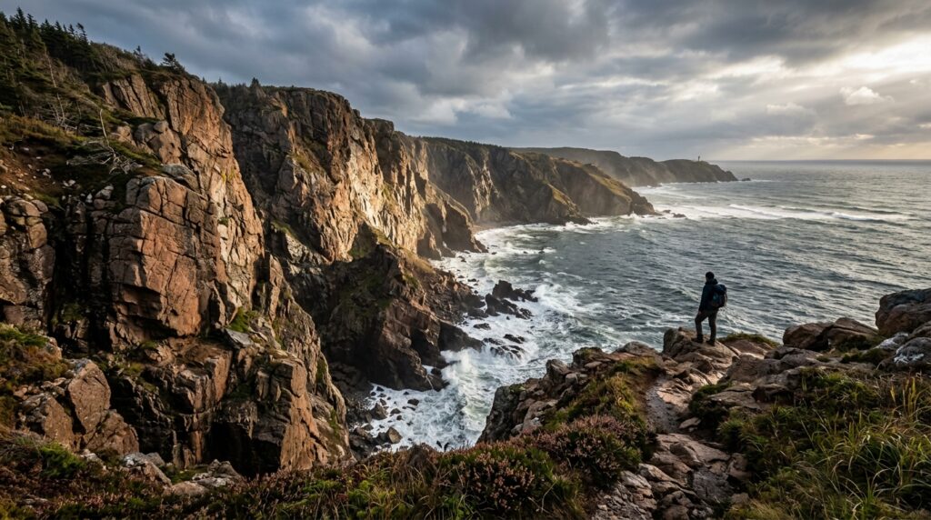 Bay of Fundy facts featuring towering coastal cliffs and ocean