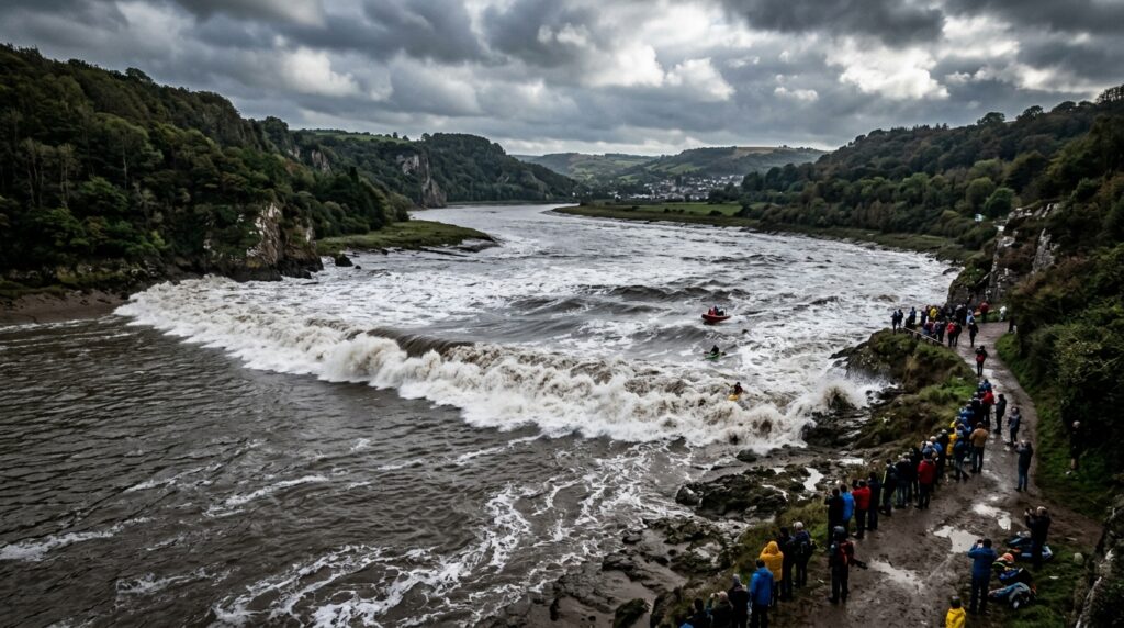 Bay of Fundy facts showing tidal bore wave moving upriver