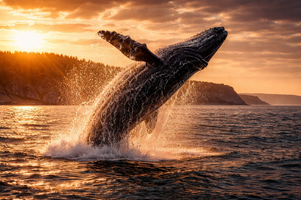 Bay of Fundy facts showing whale breaching in ocean