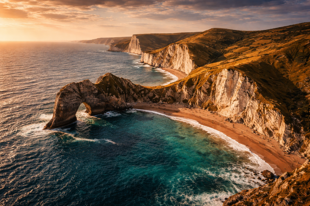Durdle Door Dorset facts aerial view of Jurassic Coast cliffs