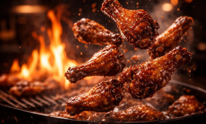 sizzling chicken wings being tossed in rich glossy sauce