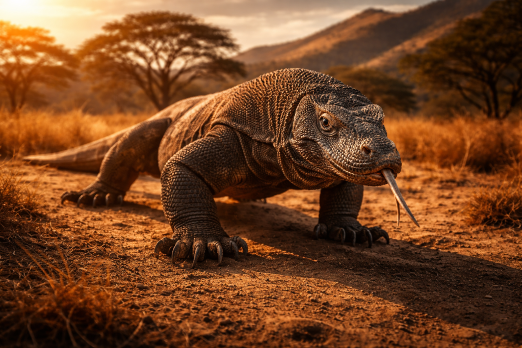 Komodo Island facts showing giant Komodo dragon walking across dry landscape
