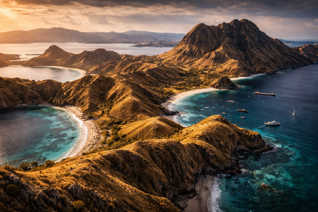 Komodo Island facts aerial view of rugged coastline and hills