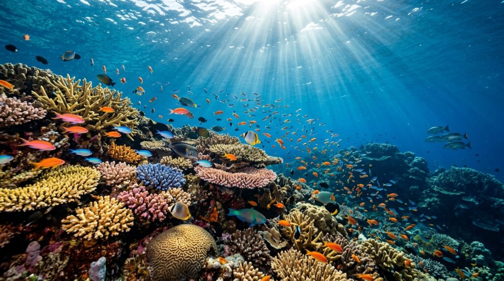 Komodo Island facts showing vibrant coral reef and marine life