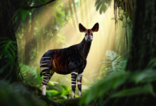 okapi facts rare forest giraffe standing in Congo rainforest habitat