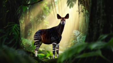 okapi facts rare forest giraffe standing in Congo rainforest habitat