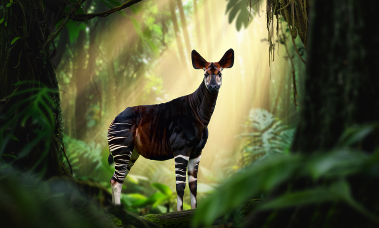 okapi facts rare forest giraffe standing in Congo rainforest habitat