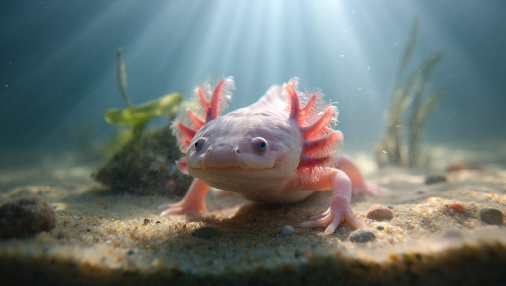 axolotl facts pink axolotl underwater with feathery gills
