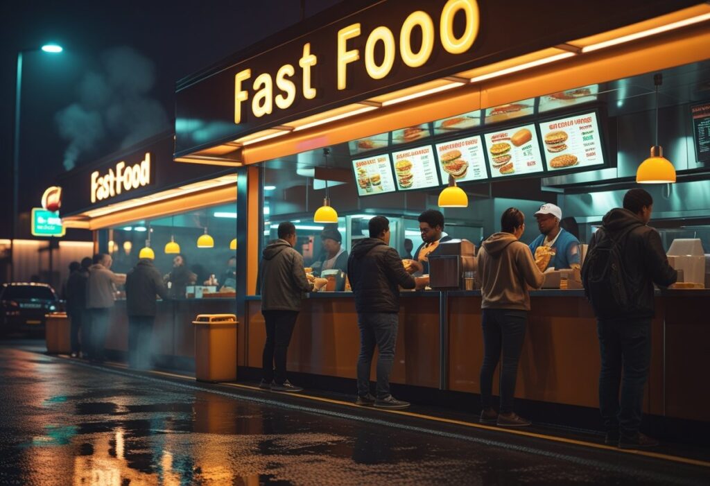 food and drink facts fast food restaurant at night with glowing lights burgers fries and customers ordering