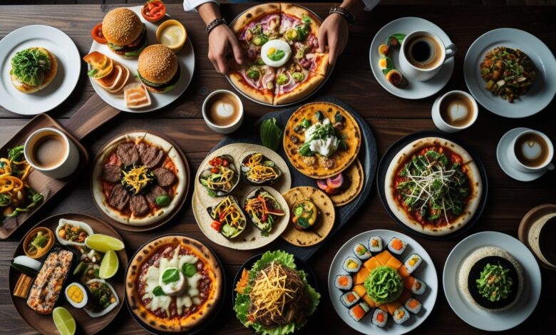 food and drink facts global cuisine selection with burgers pizza tacos sushi and coffee from around the world